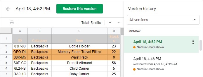 Review Shared Spreadsheet Changes Through Version History