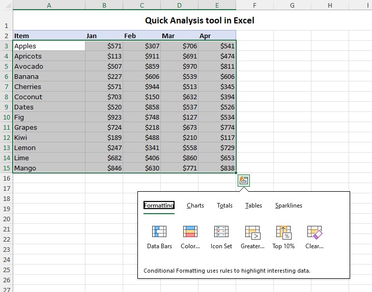 Preview Report Options with Excel Quick Analysis