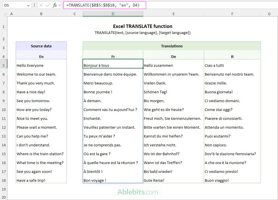 Translate Worksheet Text Through an Online Excel Function