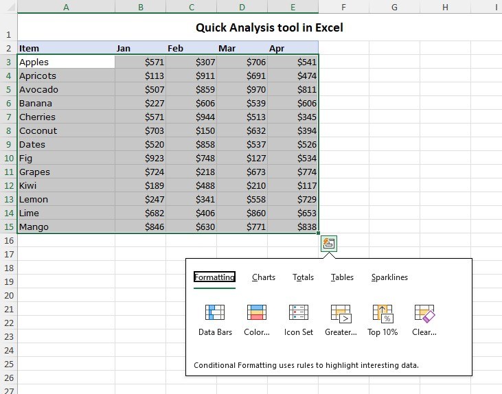 Preview Report Options with Excel Quick Analysis