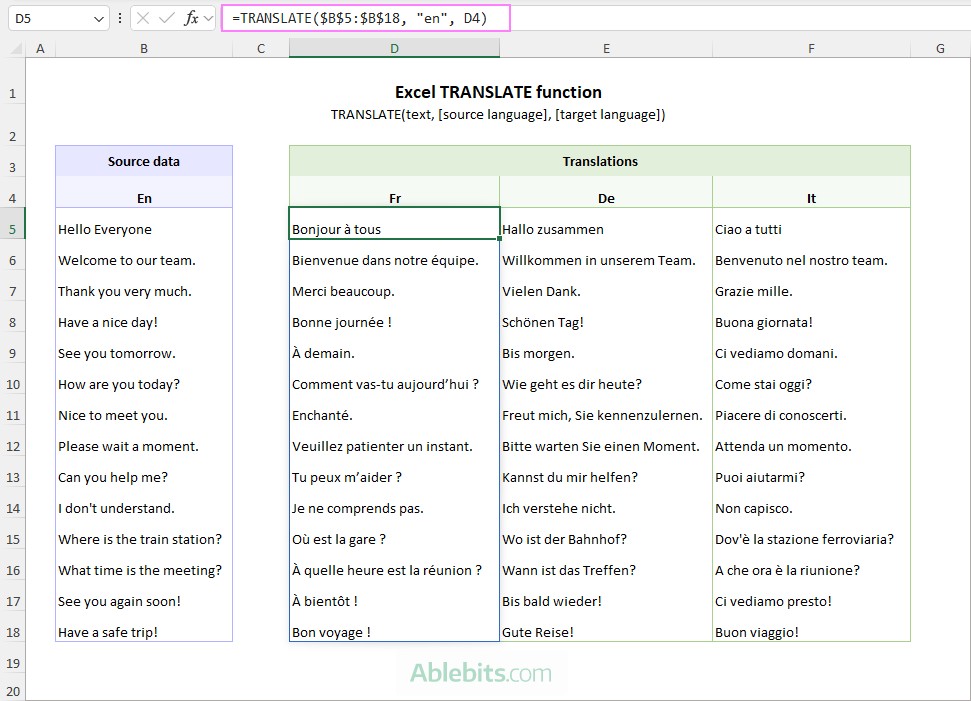 Translate Worksheet Text Through an Online Excel Function